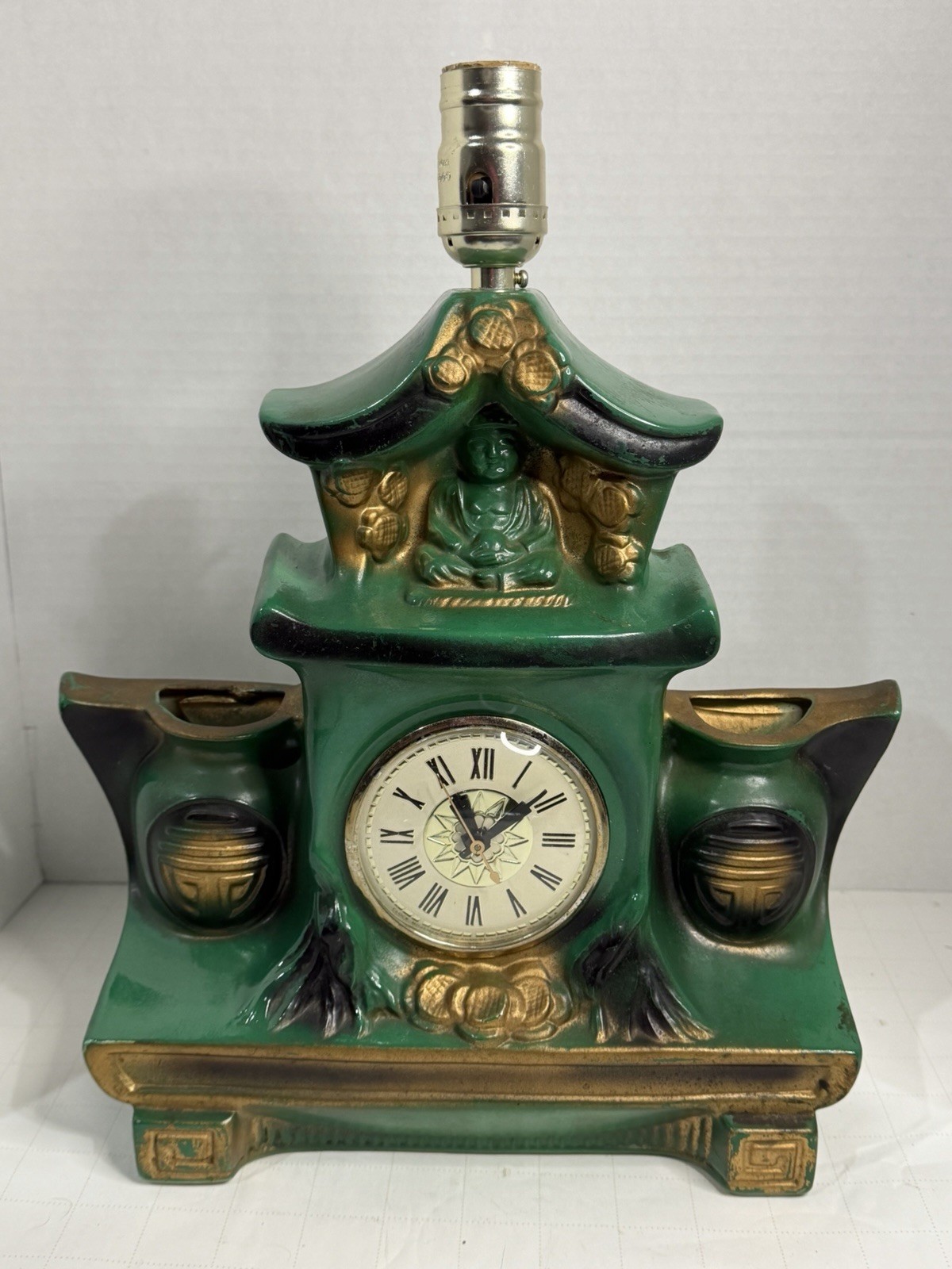 VTG Lanshire Ceramic Table Lamp Clock Vase Self Starting Buddha Gold Green Works