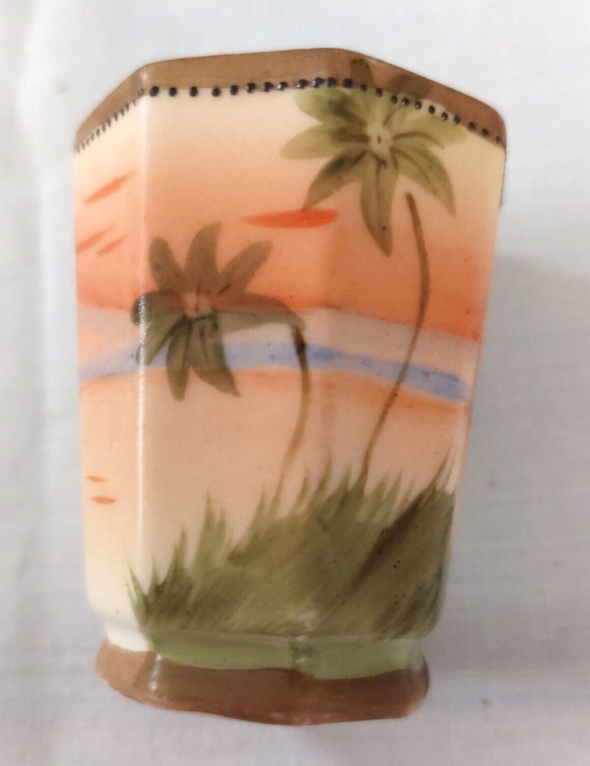 Antique Hand Painted NIPPON Moriage Porcelain Toothpick Holder Sunset 2.25\