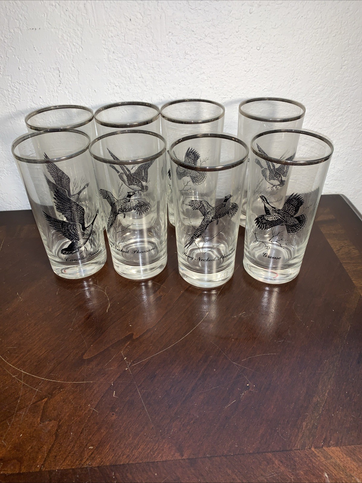 8 Vintage Canada Goose Silver Rim Federal Drinking Highball Glasses Mid-Century