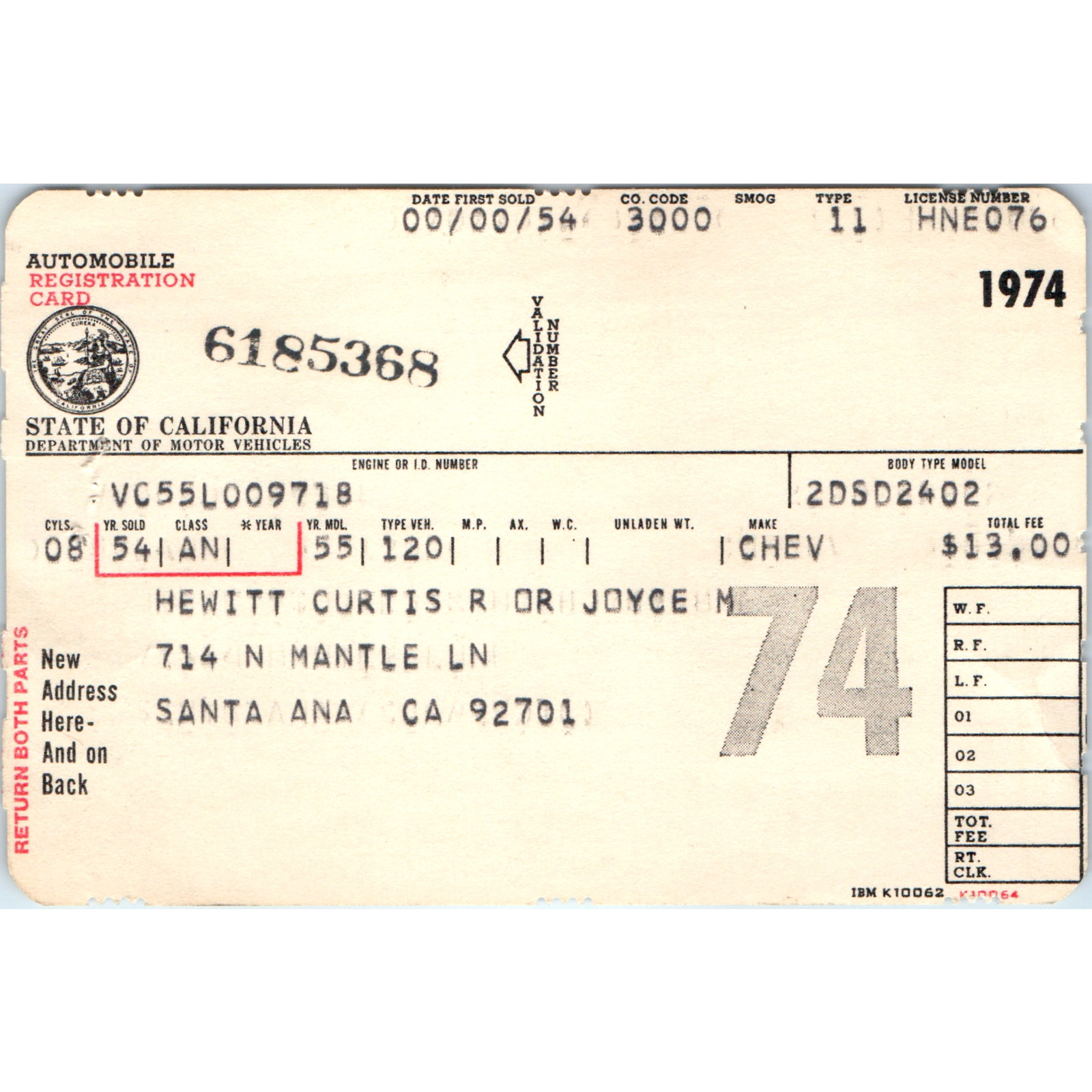 1974 California Automobile Registration Card 1955 Chevy Chevrolet Santa Ana CA 1974 California Automobile Registration Card 1955 Chevy Chevrolet Santa Ana CA