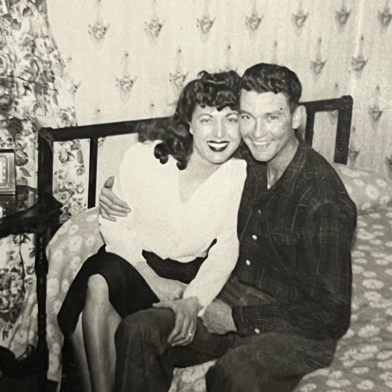 Vintage Snapshot Photograph Affectionate Young Couple On Bed Beautiful Woman