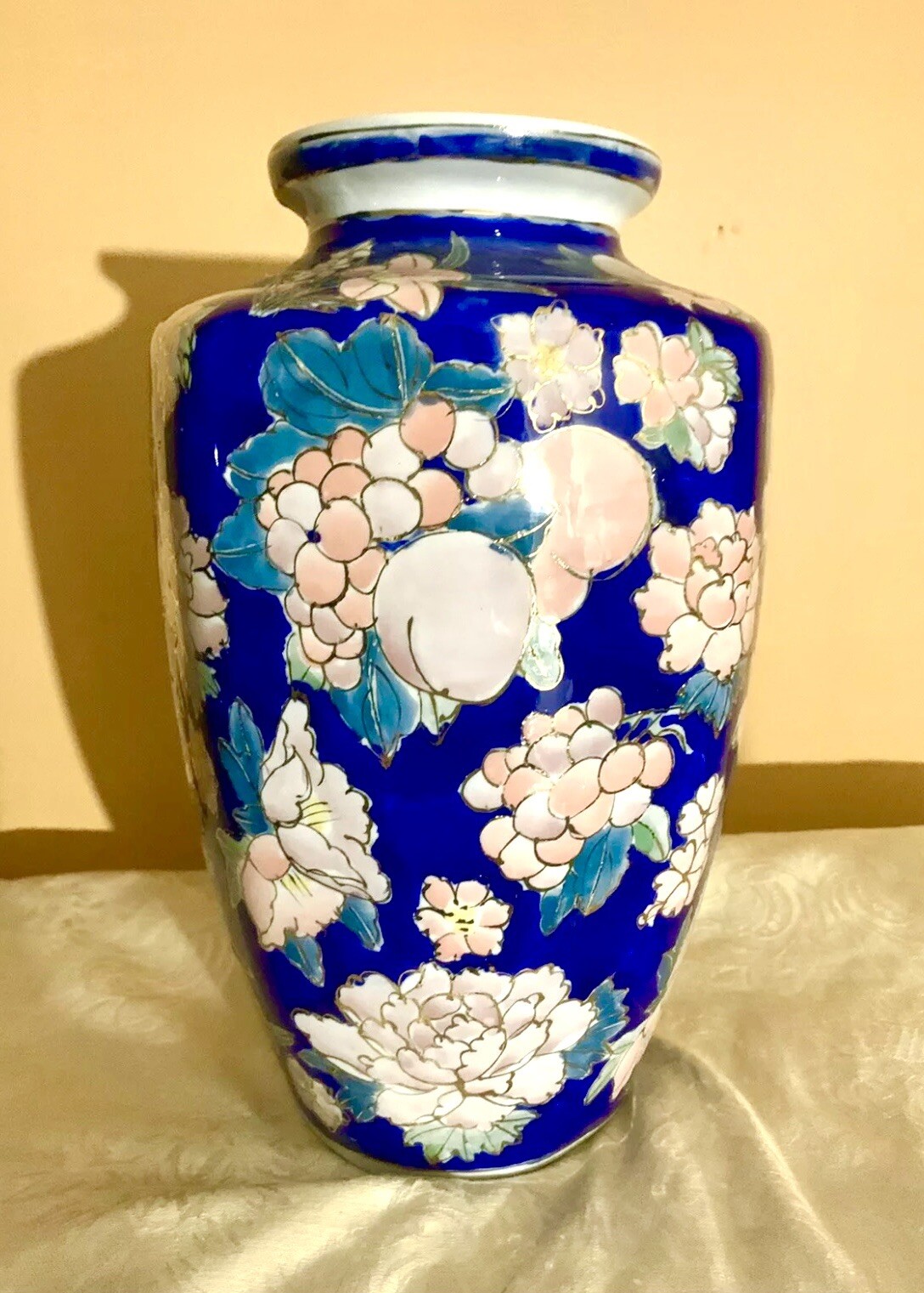 Beautiful Large Vintage Blue Chinese Fruit and Floral Vase with Gold Trim