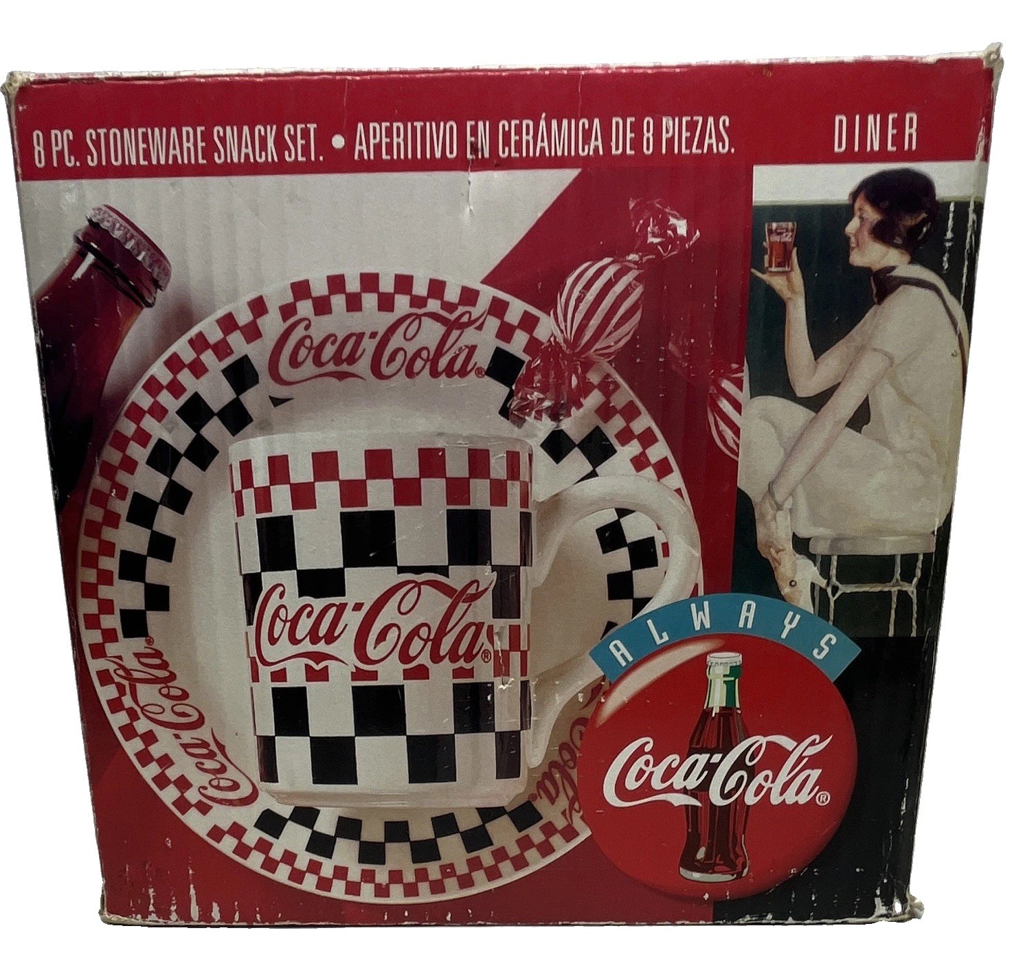 Vintage 1996 Coca-Cola 8 Piece Stoneware Snack Set Plates Mugs Original Box