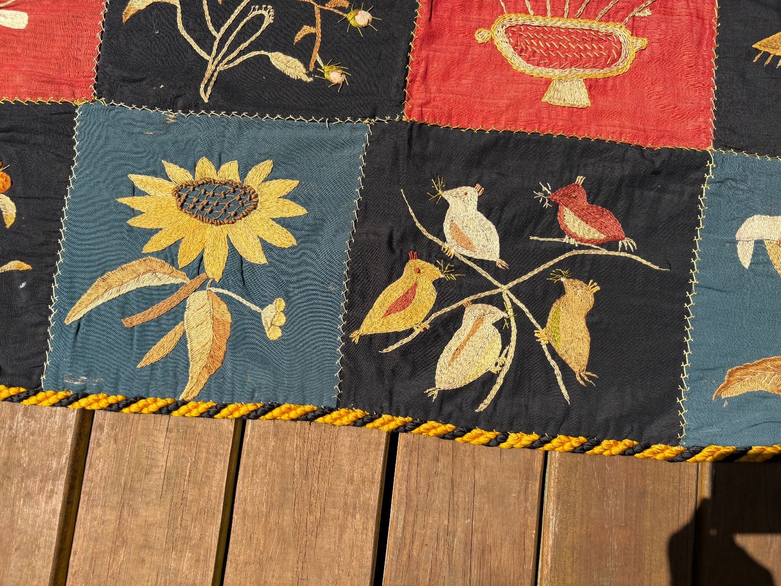Antique 1880s Crazy Wall Hanger - Sampler - Quilt Crewelwork Needlework 74''