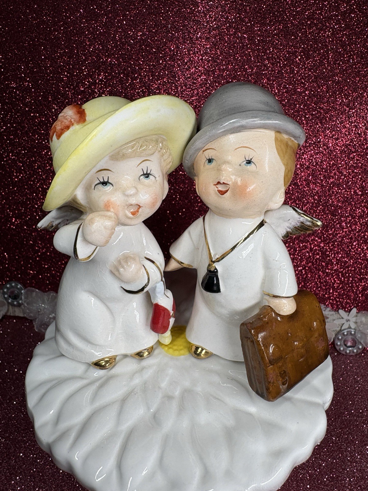 Vtg Two Angels Doctor & Patient Boy In Hat & Girl With Purse Figurines Japan