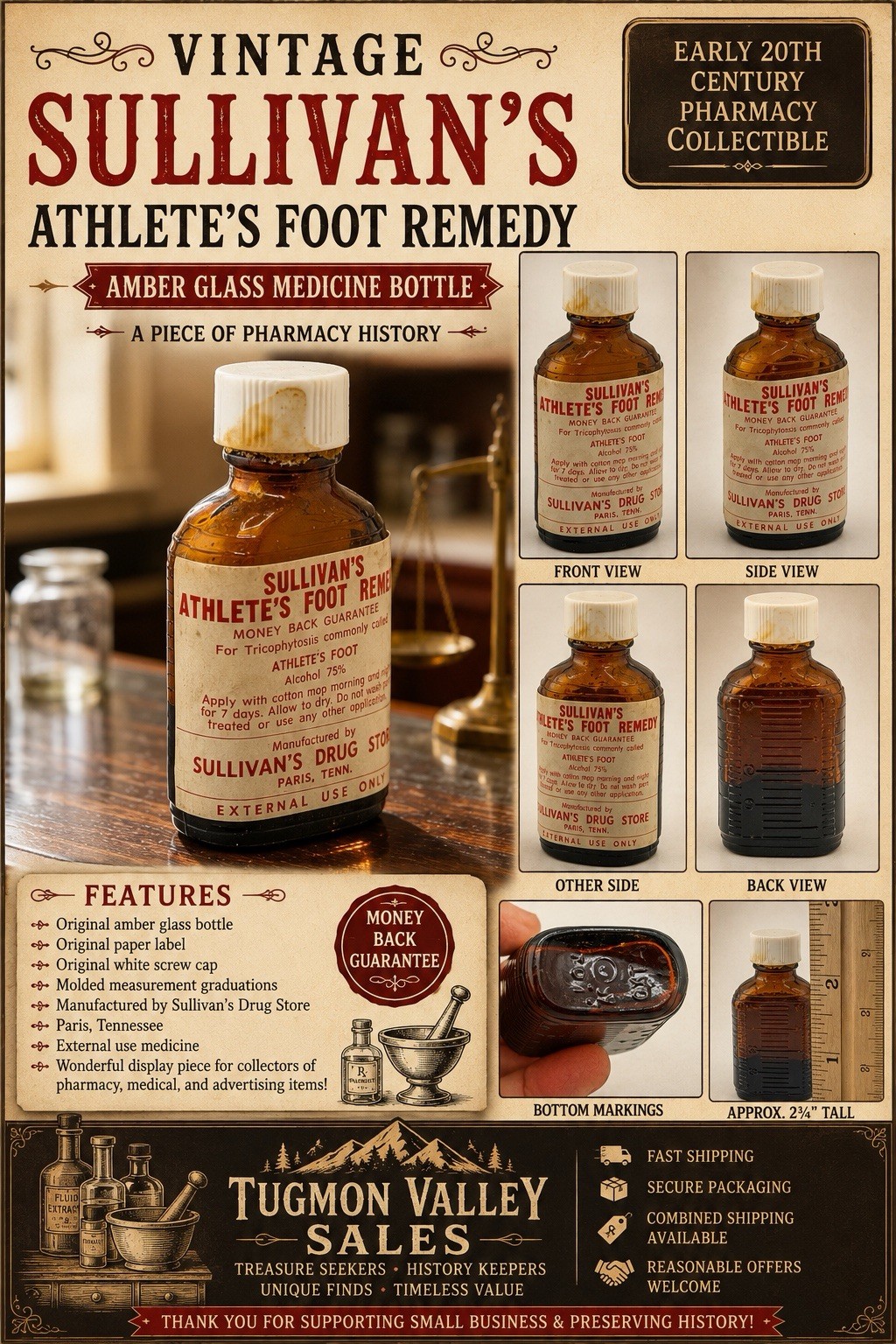 Vintage Sullivan’s Athlete’s Foot Remedy Amber Glass Bottle Paris TN Pharmacy 