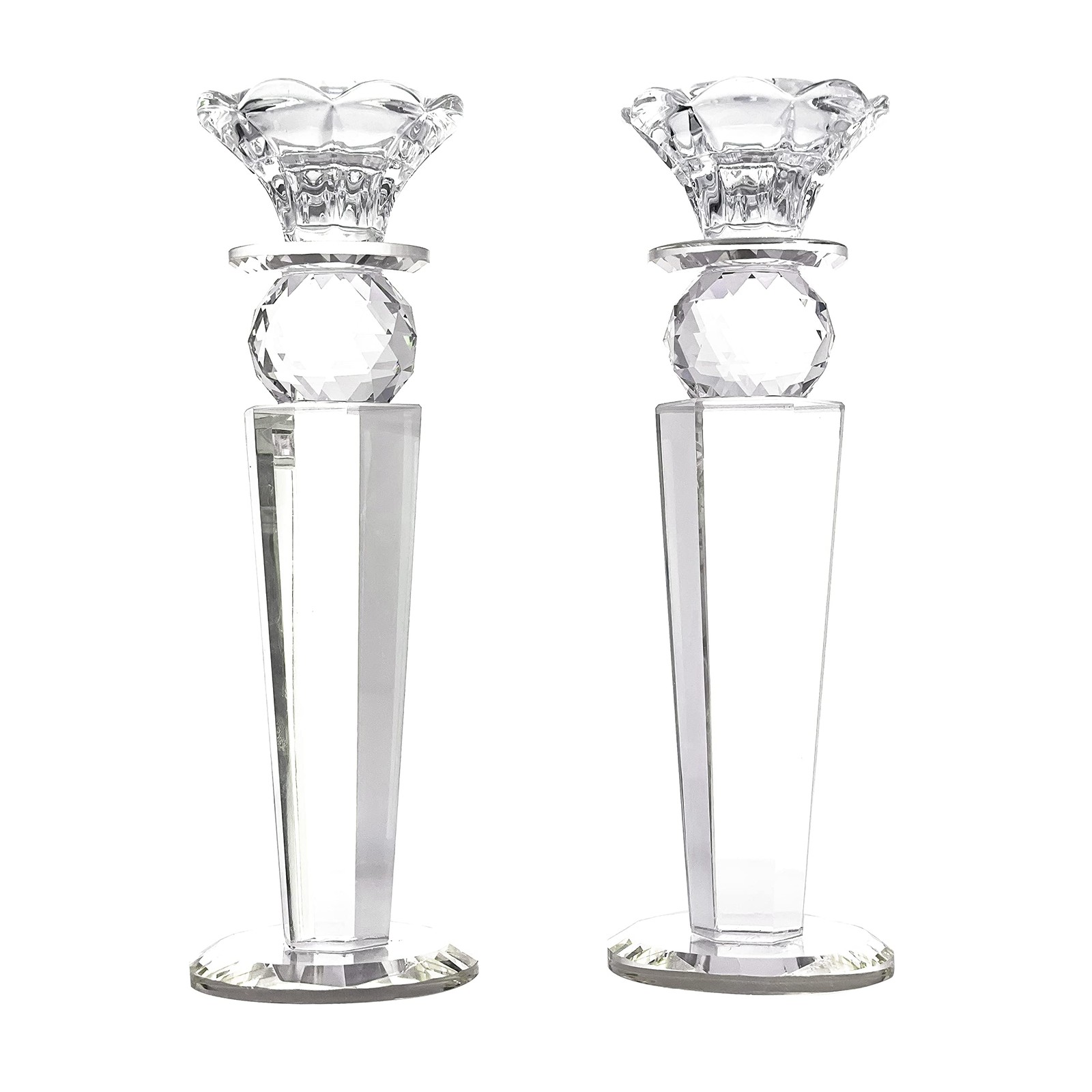 Allgala Set of 2 Crystal Glass Candlesticks – Reverse Tapered Pillar & Ball, 8.5