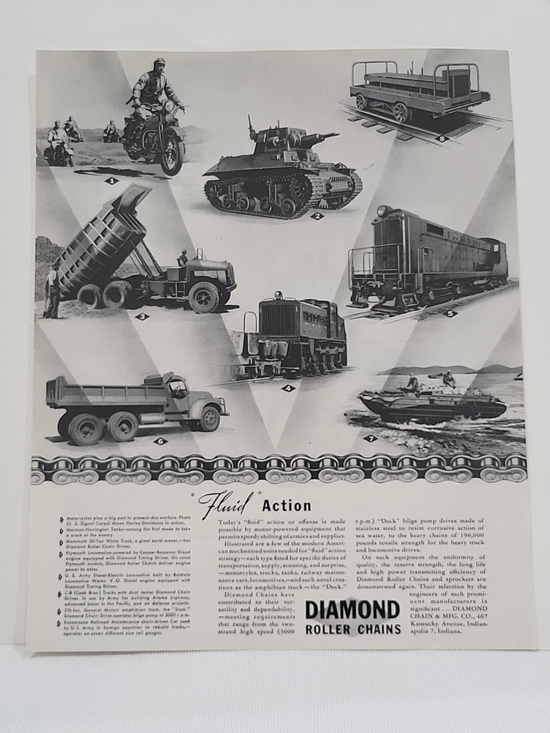 1943 Diamond Roller Chains Fortune WW2 Print Ad Fluid Trucks Tanks Boat Trains