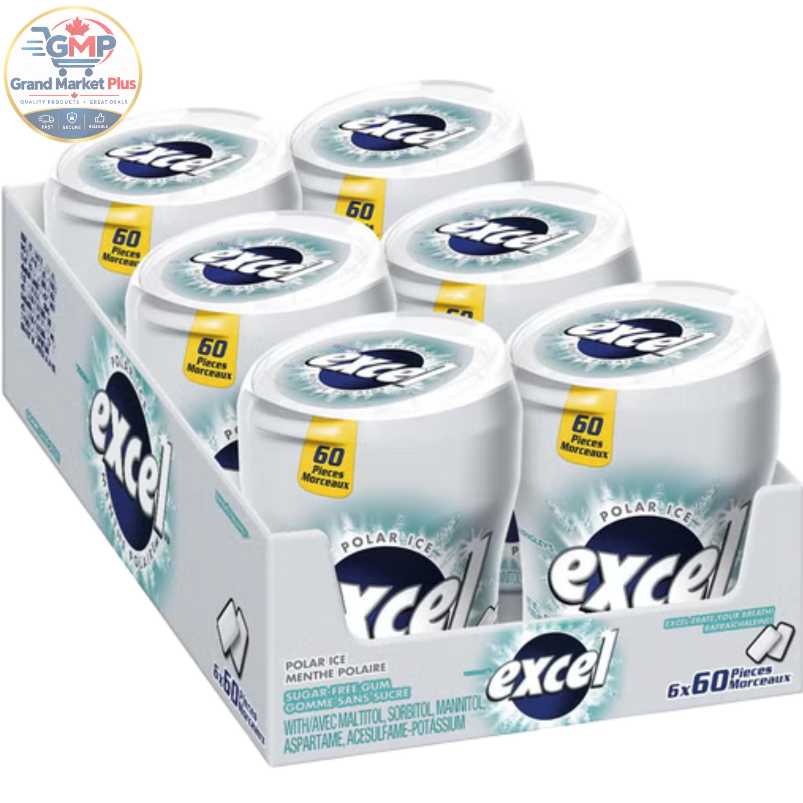 Excel Sugar-Free Gum, Menthe Polar Ice, 60 pieces per bottles, 6 Bottles