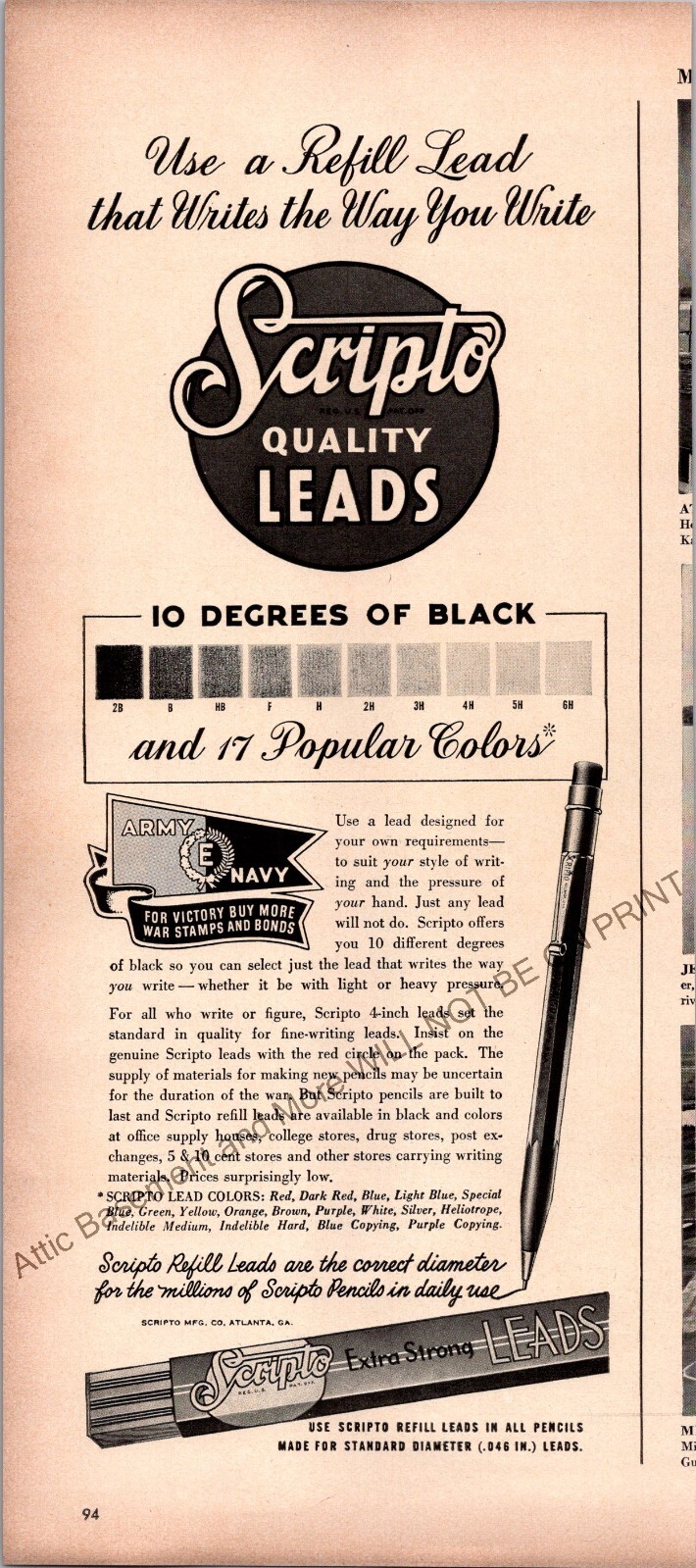 Scripto Pencil Lead Print Ad Vintage 1943 Ephemera Wall Art Decor War Bonds