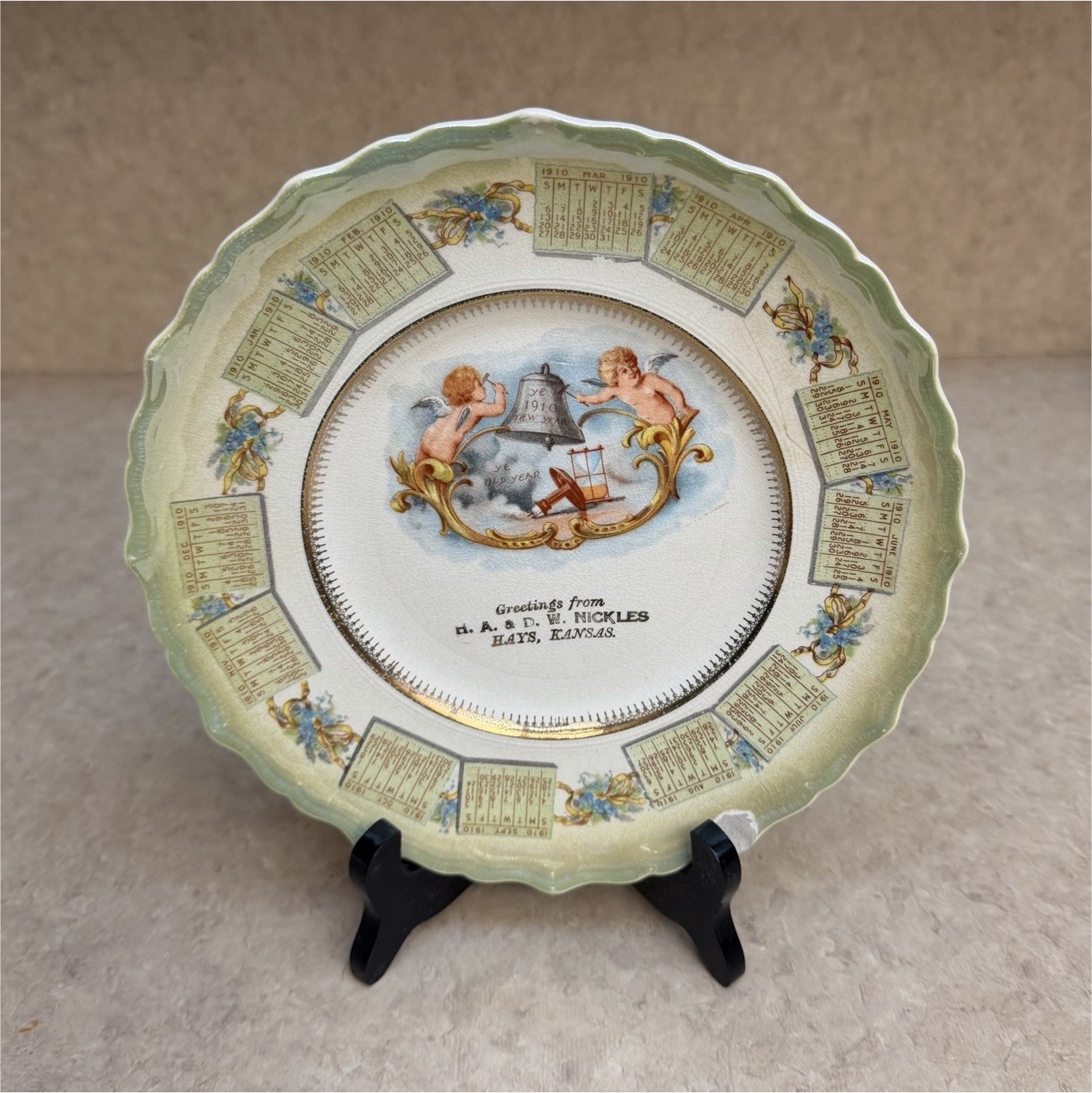 Antique H. A. & D. W. Nickles 1910 Hays Kansas Advertising Calendar Plate Cherub
