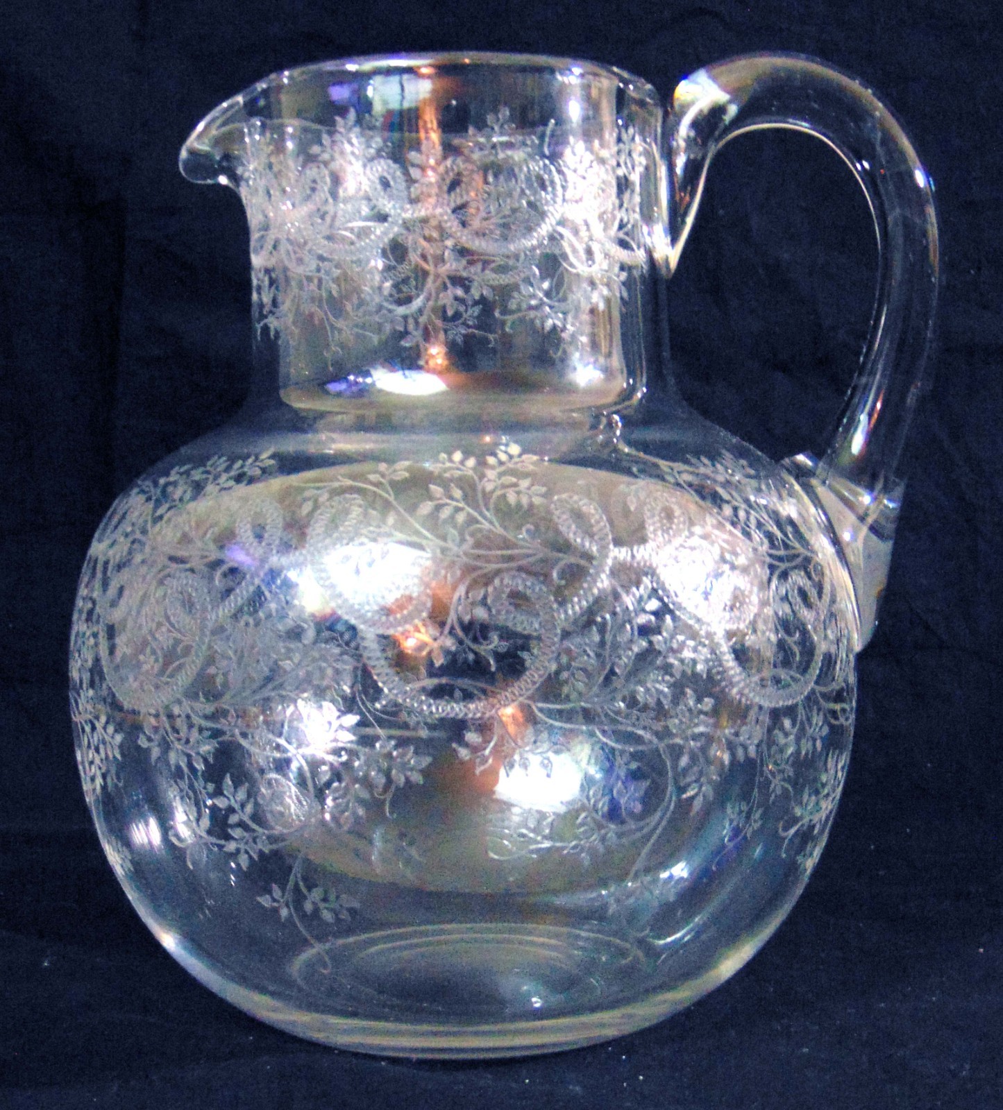 Antique French Needle Engraved Crystal Ball Pitcher Jug