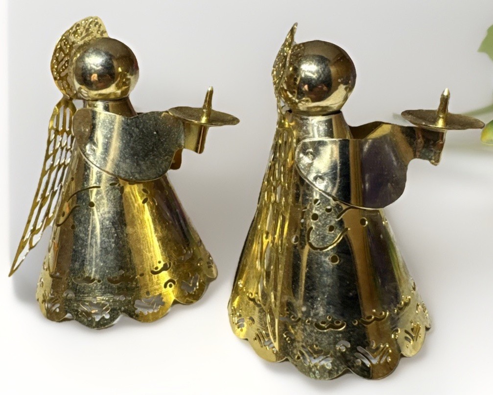 VTG Pair (2) Laser Cut Brass 3D Angel Holding Candle  Christmas Ornament 2 3/8”T