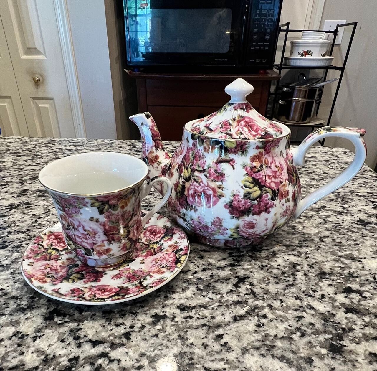 Darice Teacup And Saucer Roses Chintz & Teapot No Chips Or Cracks Clean