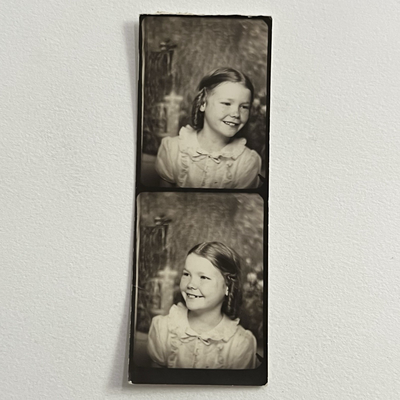Vintage Photo Booth Photograph Adorable Little Girl Missing Tooth Freckles Curls