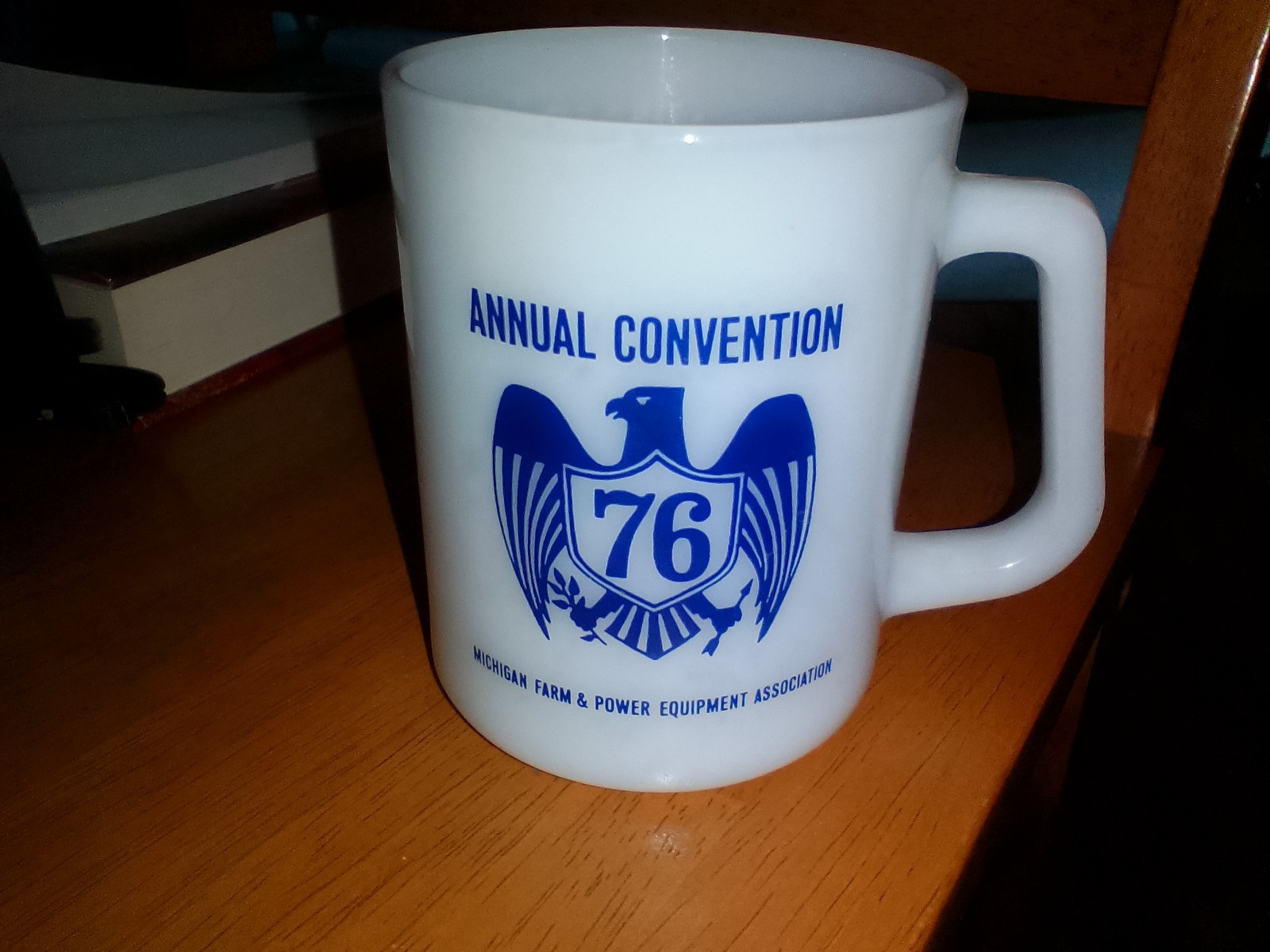 1976 FIRE-KING MILK GLASS CUP 76 EAGLE ANNUAL CONVENTION MI FARM & POWER EQUIP
