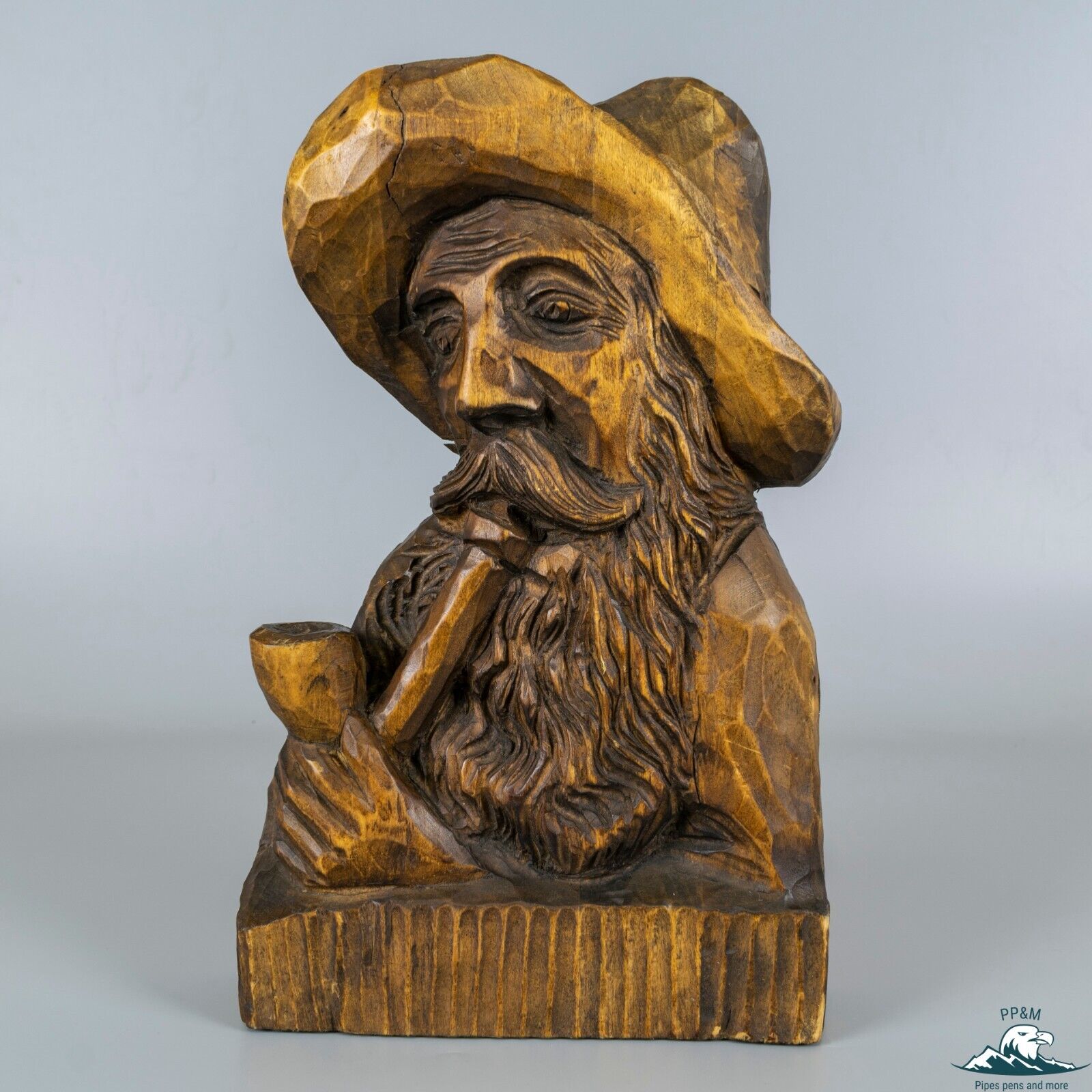 Hand-Carved Man With Pipe Wooden Wall-Mounted Sculpture