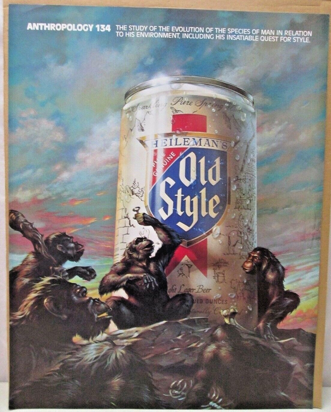 1982 Old Style Beer Poster Anthropology 134 EZRA Evolution Apes Vintage 22x17