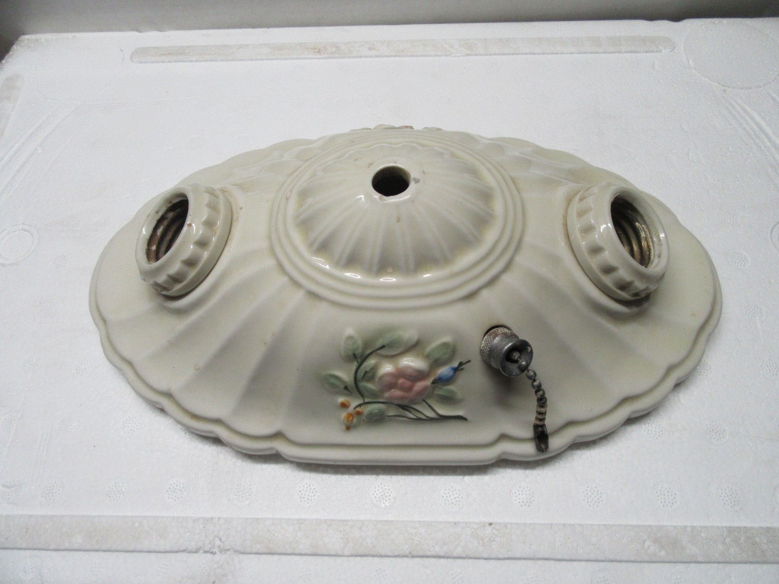 Vintage 1940's Porcelier 2 Bulb Flush Mount Floral Oval Ceiling Light Fixture