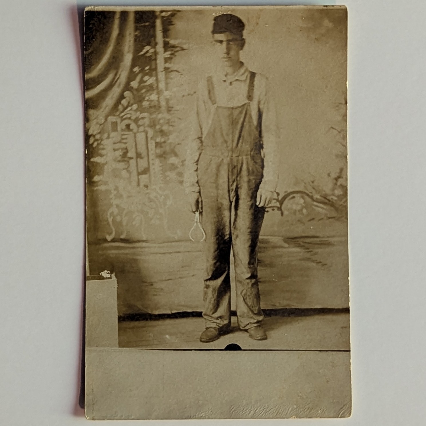 ​​​Antique RPPC Young Machinist Boy Overalls Holding Calipers Tool Hand X Stamp 