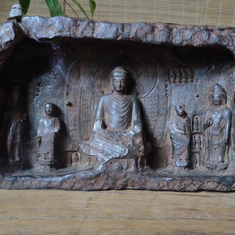 Chinese Old Stone Carved Buddha Statue Zen Belief Shrine Home Office Decor