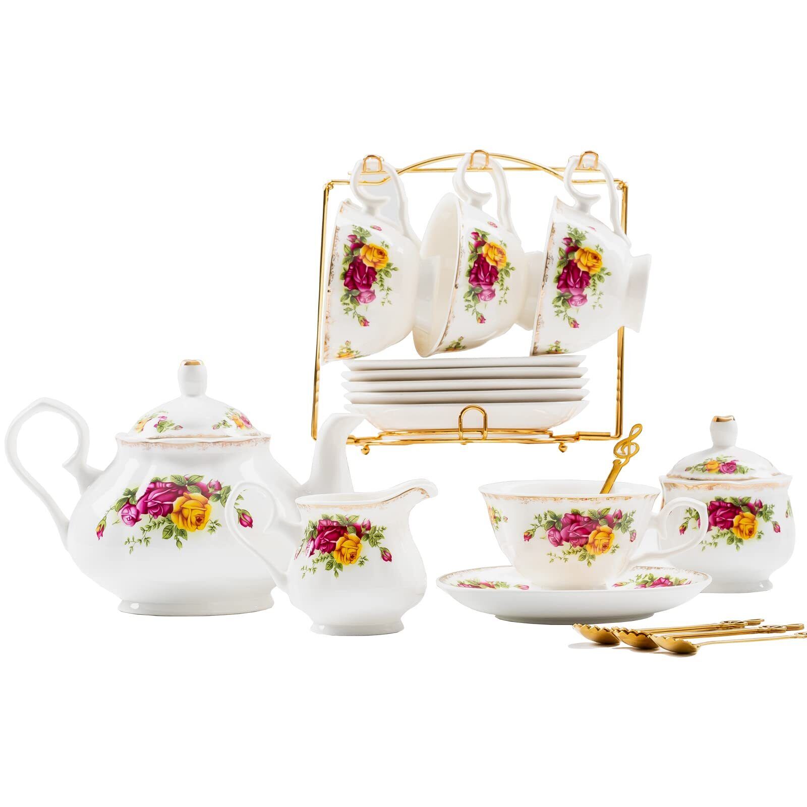 22-Pieces Porcelain Tea Set,Vintage Floral Tea Gift Sets,Cups& Saucer Service...