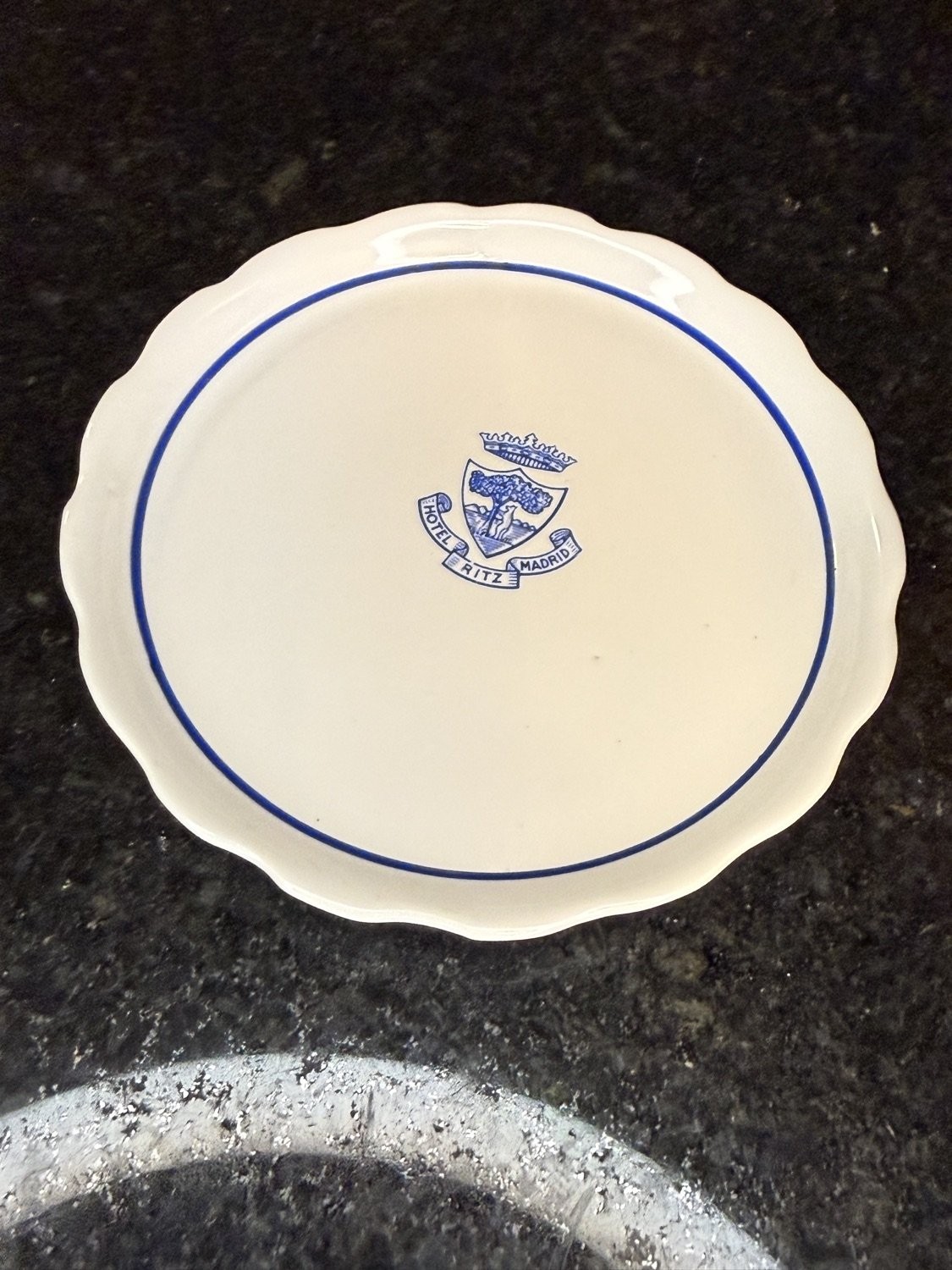 Vintage Hotel Ritz Madrid Alvarez Porcelain Ashtray Trinket Dish Blue White
