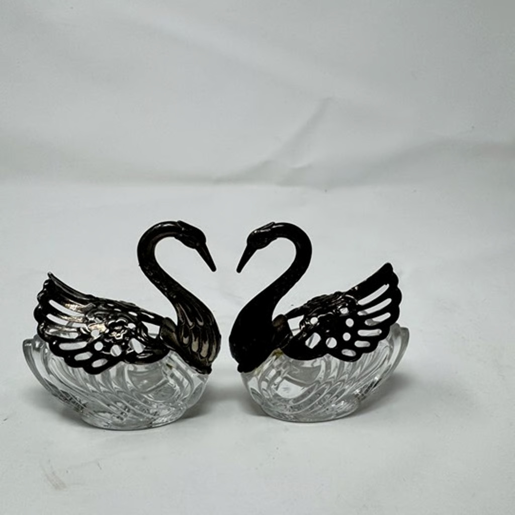 Pair of Mid Century Vintage Crystal Swans Silver Plated
