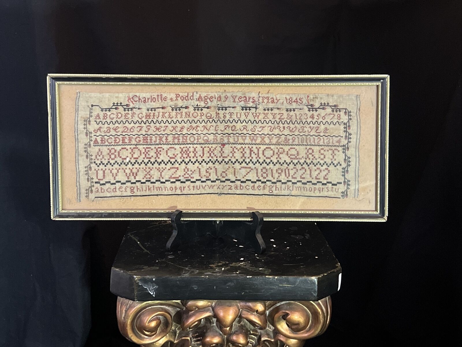 1845 American Sampler Alphabet Cross-Stitch Needlework Signed Charlotte 1800s