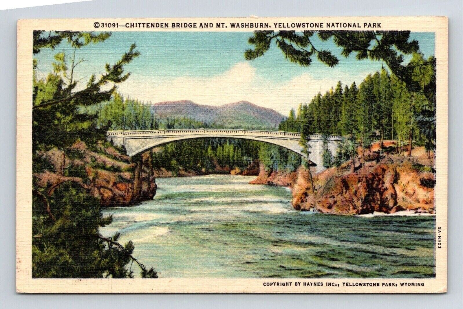 Chittenden Bridge Mt Washnurn Yellowstone National Park Linen Postcard PM Cancel