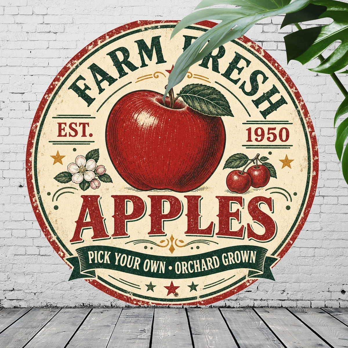 Farm Fresh Apples Orchard Harvest Round Metal Sign Kitchen Wall Plaque