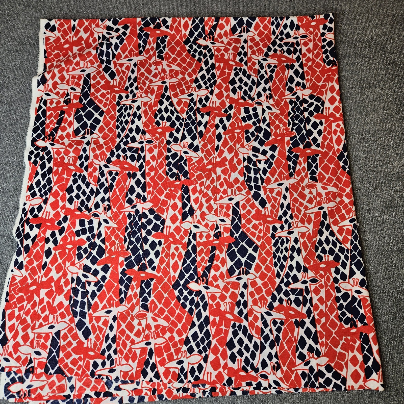 Vintage 1970s Fabric 2 Yards  Nylon Poly Stretch Red Blue Giraffes Geometric