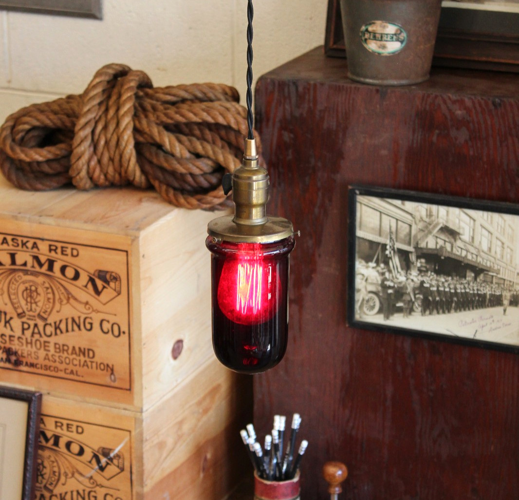 Antique Industrial Red Glass Darkroom Hubbell Burke James Pendant Lamp Light Vtg