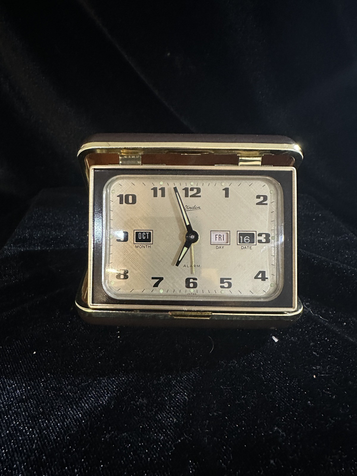 Vintage Linden Folding Travel Alarm Clock Japan Month Day Date Calendar Brown