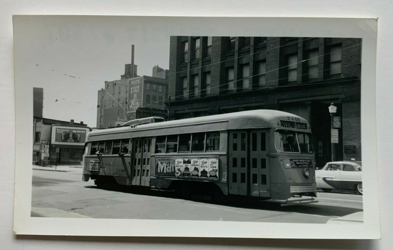 Vintage Photo Snapshot Baltimore Transit Co Trolley Streetcar #7407 advertising 