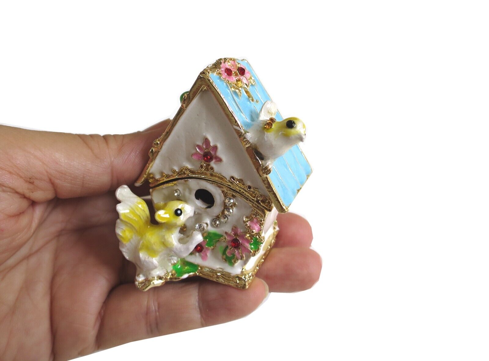 Bejeweled Blue Birdhouse Hinged Metal Enameled Rhinestone Trinket Box
