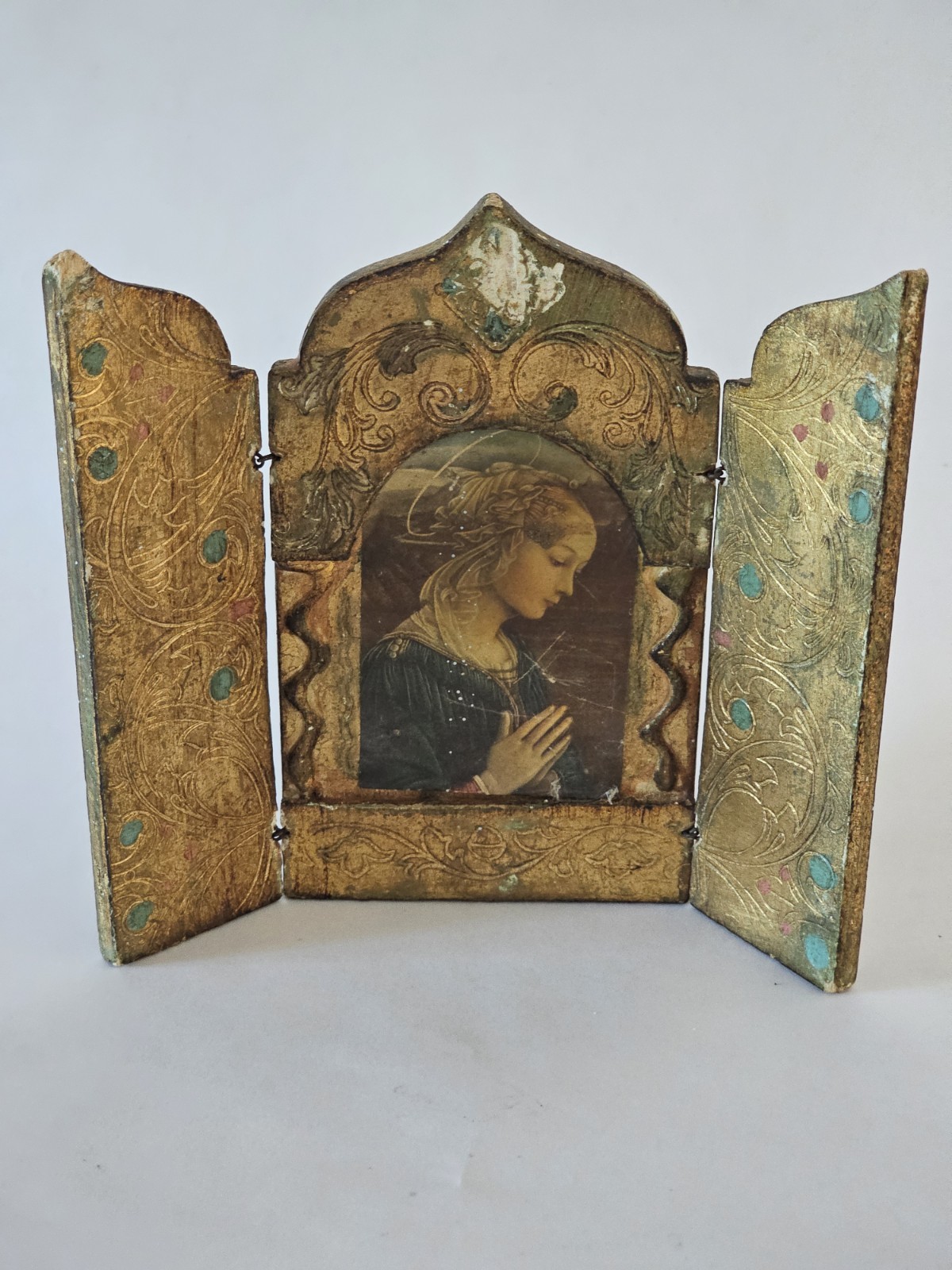 Large Italian Florentine Praying Madonna Gold Gilt Tole Wood Triptych Icon