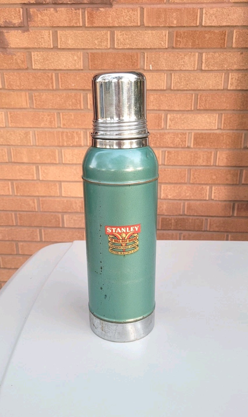 Vintage 50s Stanley Super Vac Green Stainless Steel Cork Hot Cold Thermos Bottle