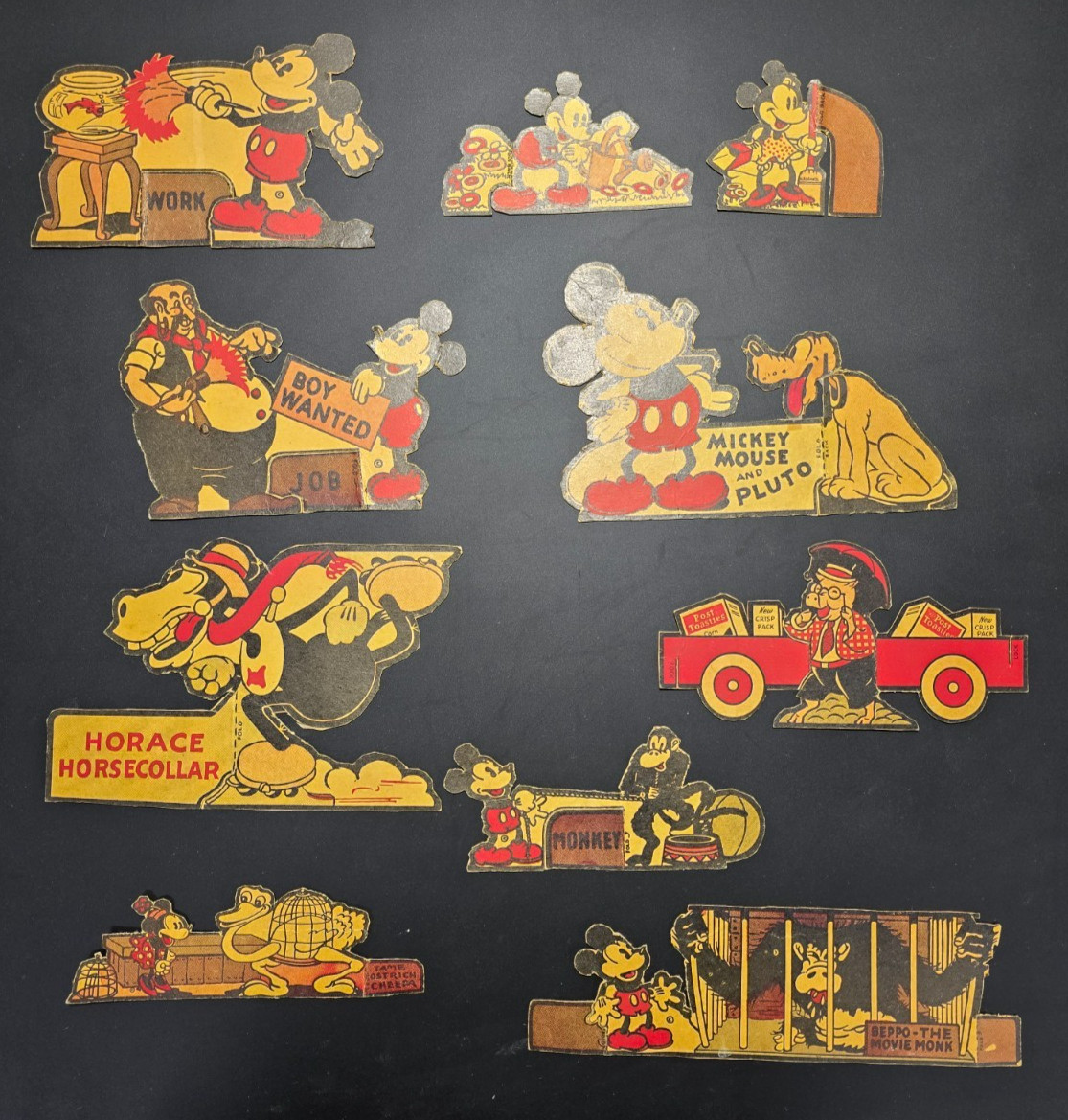 1934 Post Toasties Walt Disney Mickey Mouse Cutouts Pluto Horace Truck 10 Pc Lot