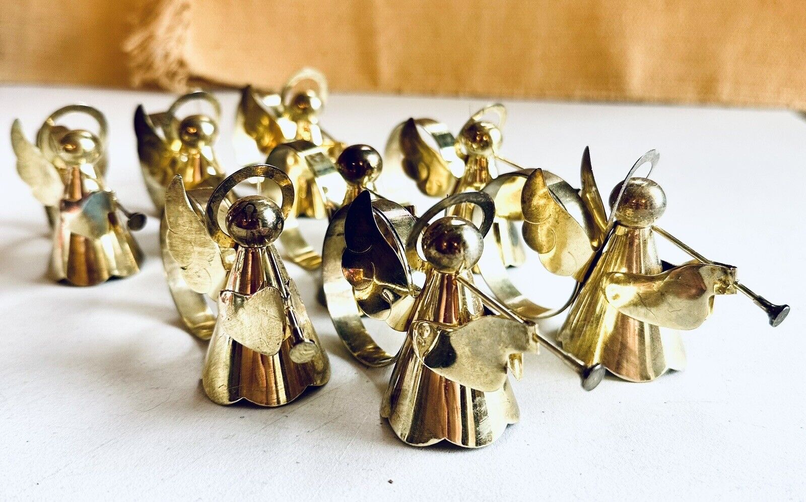Vintage Set Of 8 Brass Trumpeting Angels Napkin Rings (2.5”)