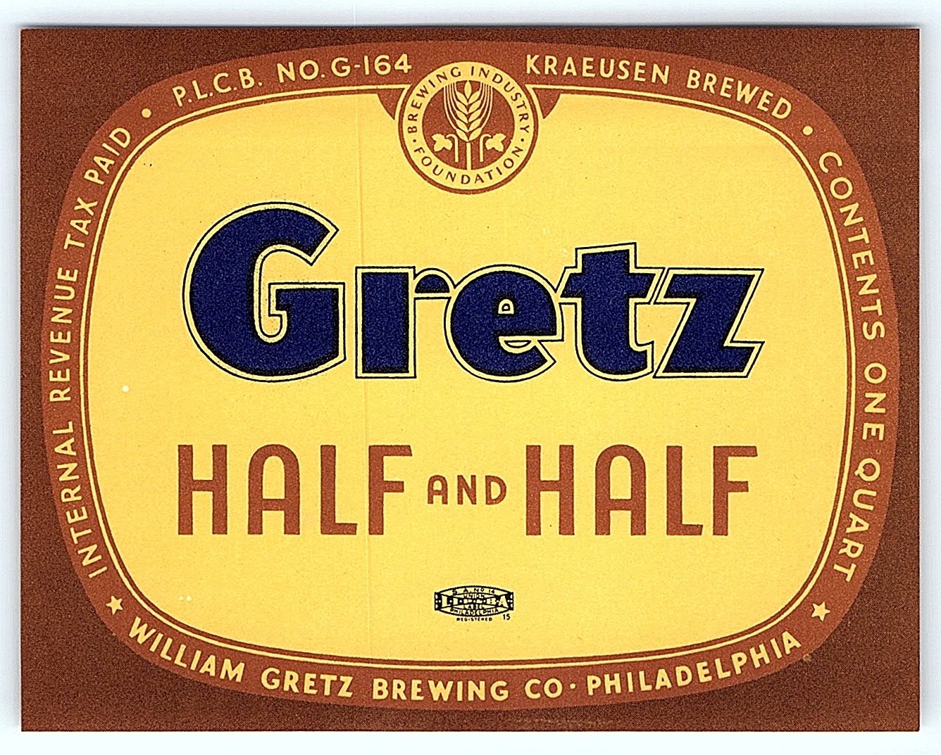 Vintage Gretz Half and Half Beer Label - Philadelphia 1 Quar
