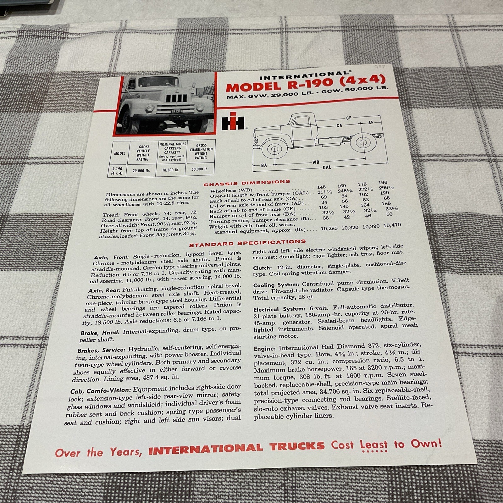 International Harvester R-190 (4x4) Truck Dealer Spec Sheet