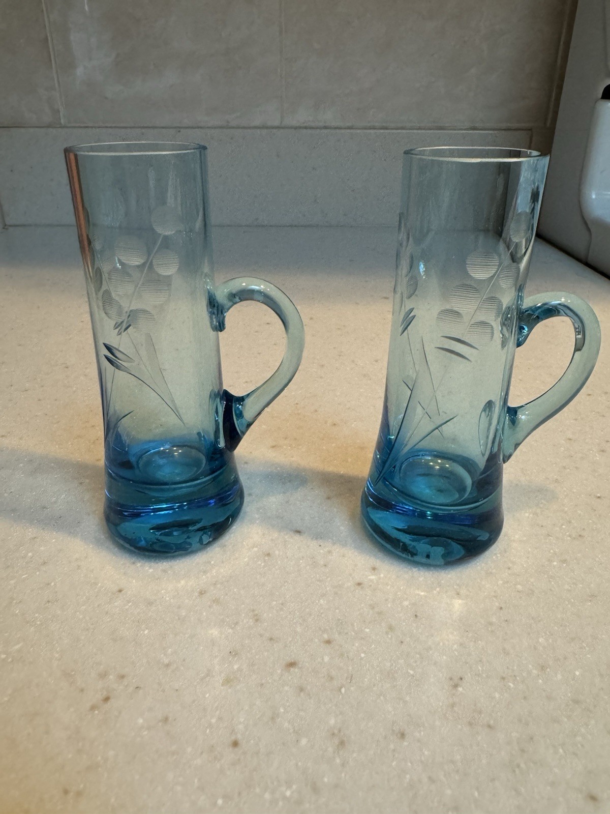 Vintage Bohemia Crystal etched Aqua Blue Handled Shot Glasses - Set of 2