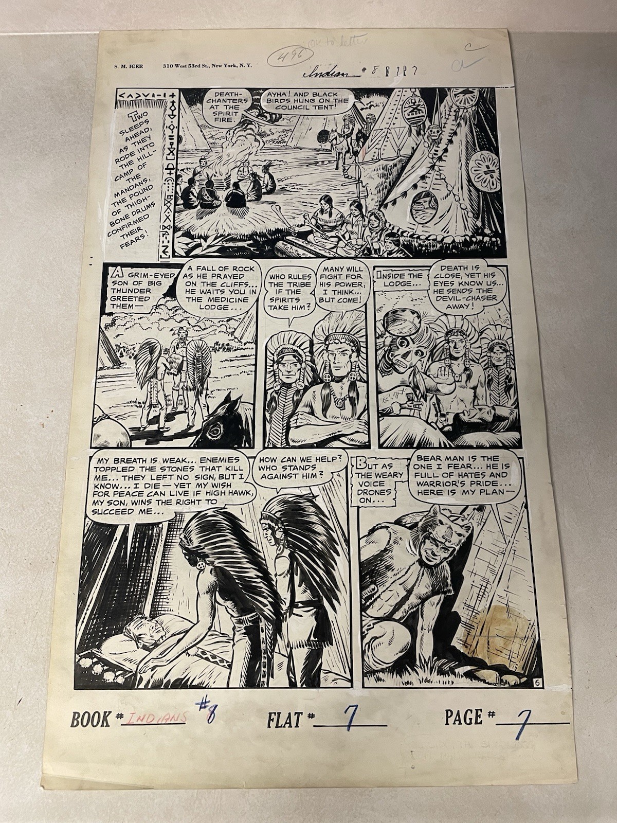 INDIANS #8 original comic book art 1951 DEVIL CHASER MEDICINE LODGE IGER TEEPEE