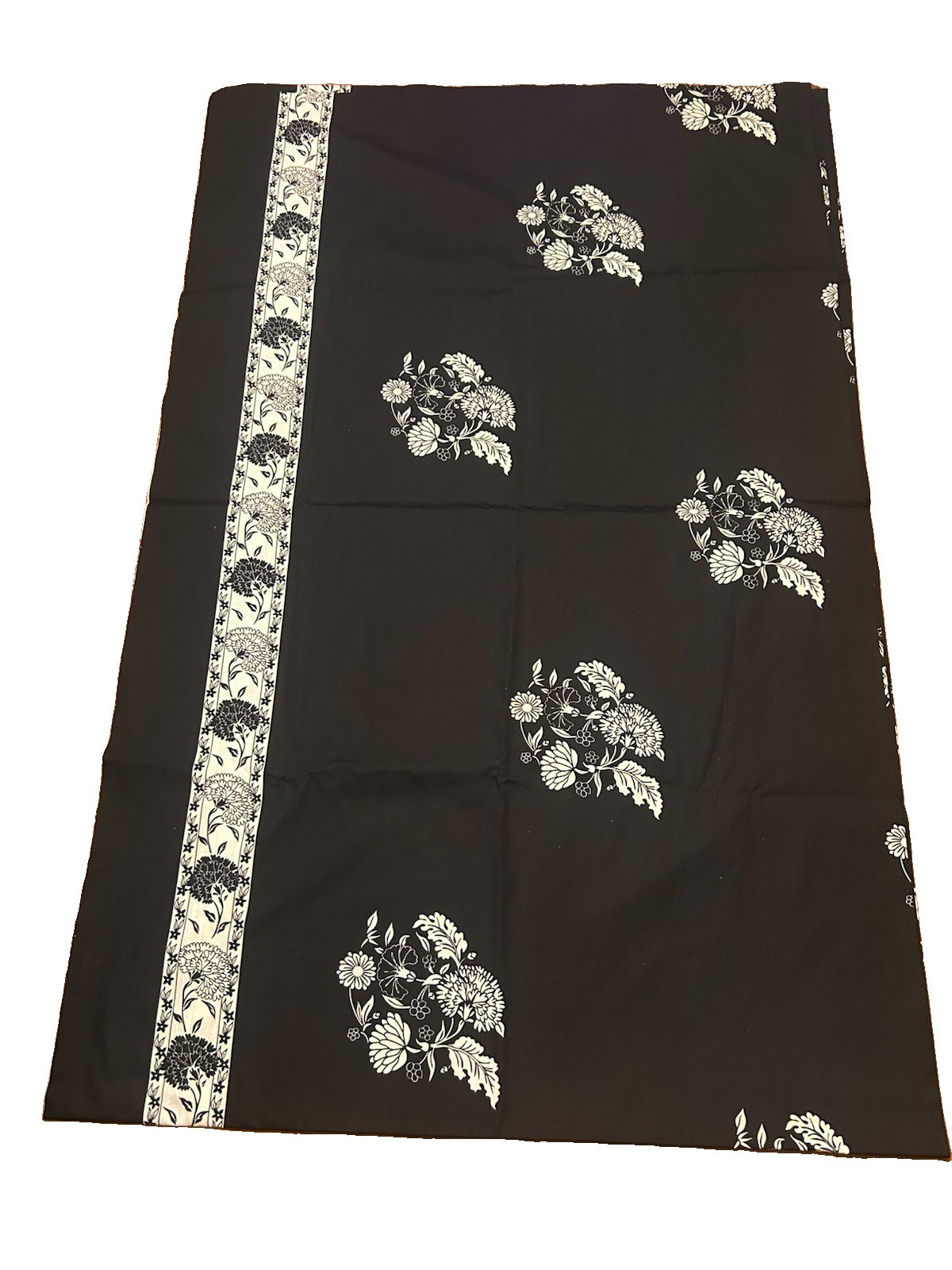 Vintage Black & White Chrysanthemum Floral Border Print Cotton Fabric 5+ Yds