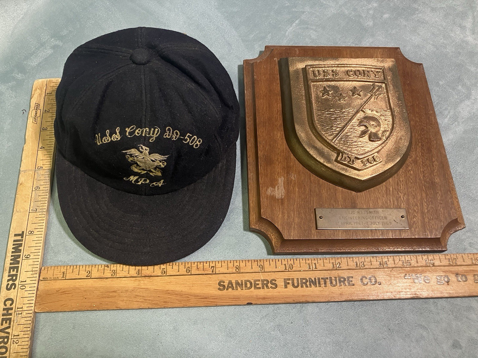 Rare Vintage U.S.S. Cony DD-508 Navy Military Embroidered Cap Hat & Plaque USS