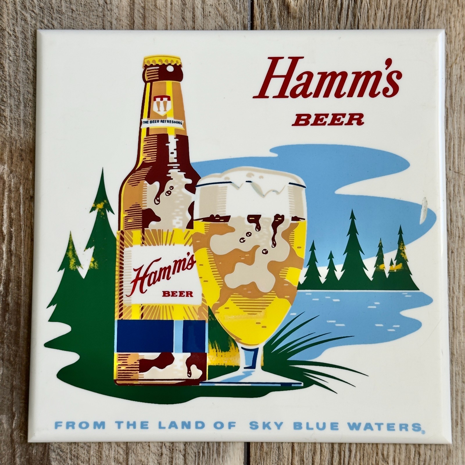 Vintage 1960\'s Hamm\'s Beer Lakeside Plastics Tile Lake Scene Beer Bottle w/Glass