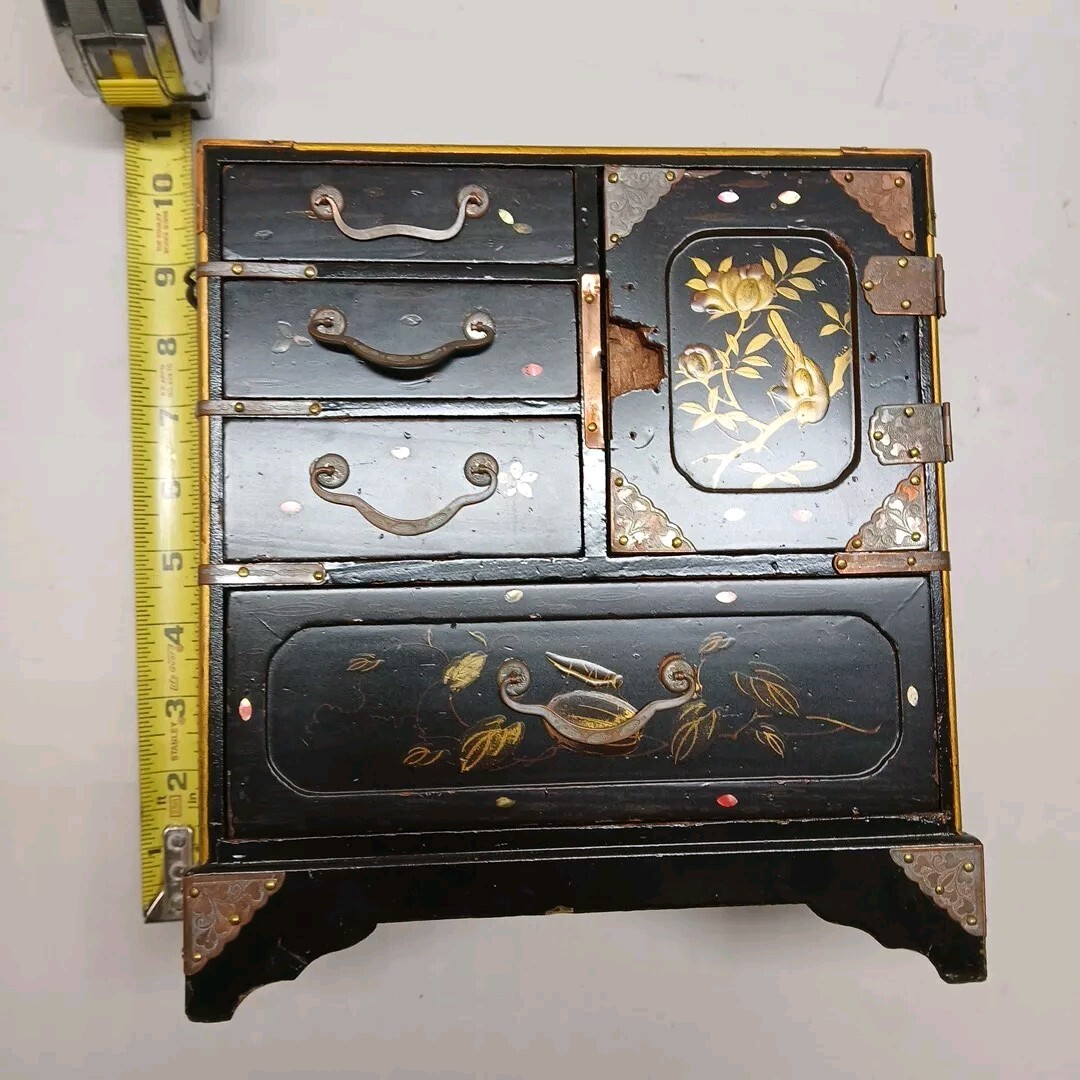 Antique Victorian Black Lacquer Copper  Inlaid Jewelry Chest 6 Drawer Armoire 