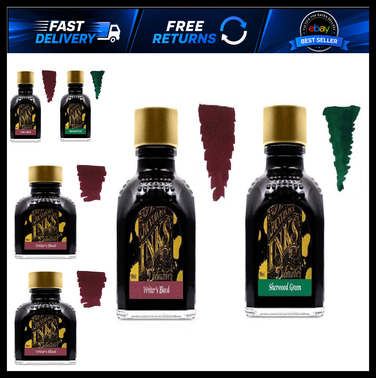 Diamine Fountain Pen Ink 80ml - 2 x Bottles - Writers Blood & Sherwood Green Diamine Fountain Pen Ink 80ml - 2 x Bottles - Writers Blood & Sherwood Green