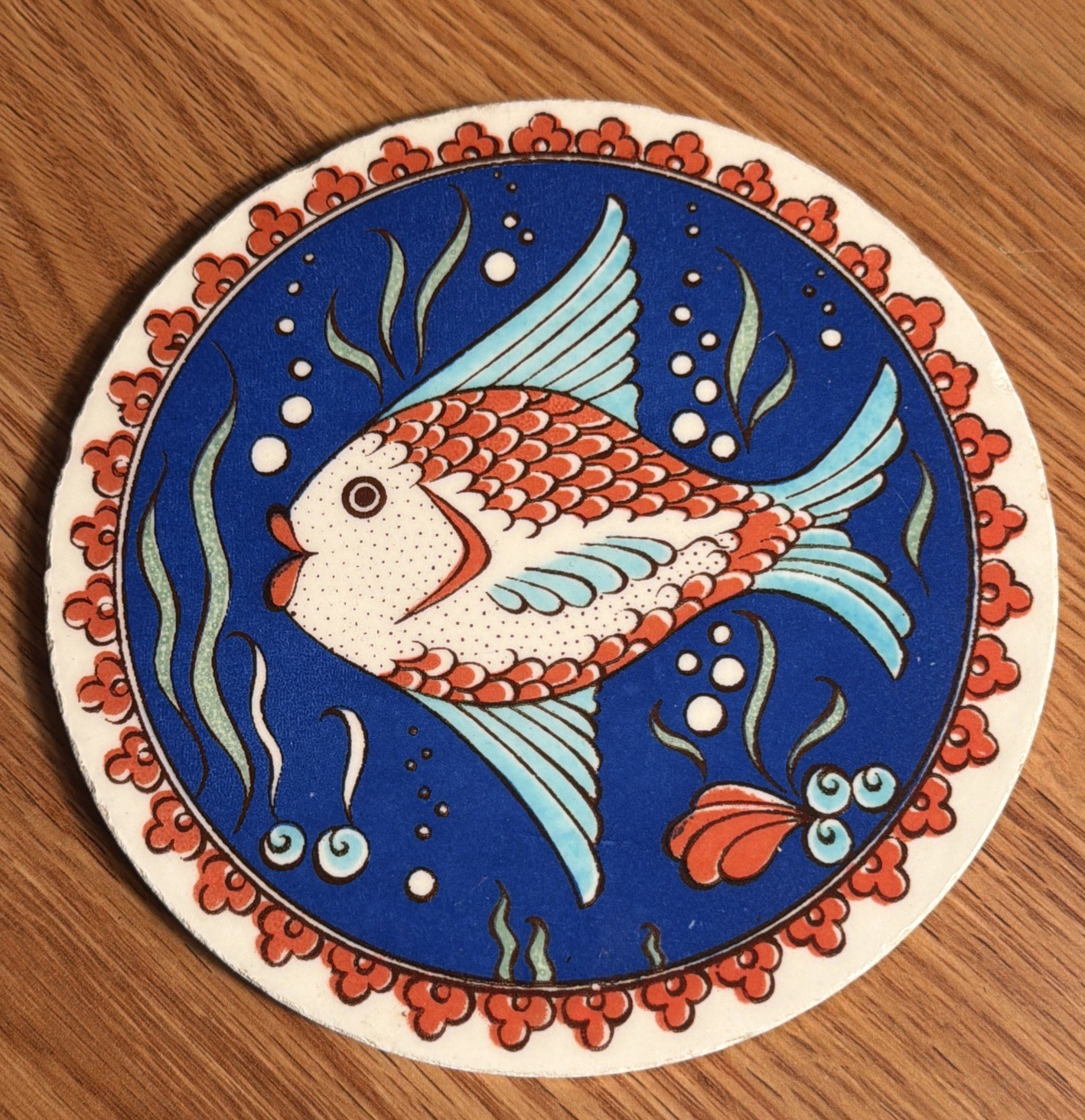 Vintage Turkish Iznik Style Ceramic Tile Coaster Hand Painted Fish Art 6 1/2”